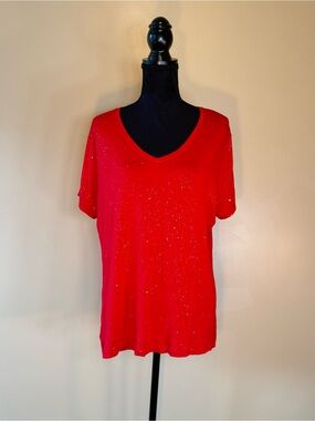 Celebrate Together Red Silver Sparkle V Neck Short Sleeve Tee Top Plus Size XXL